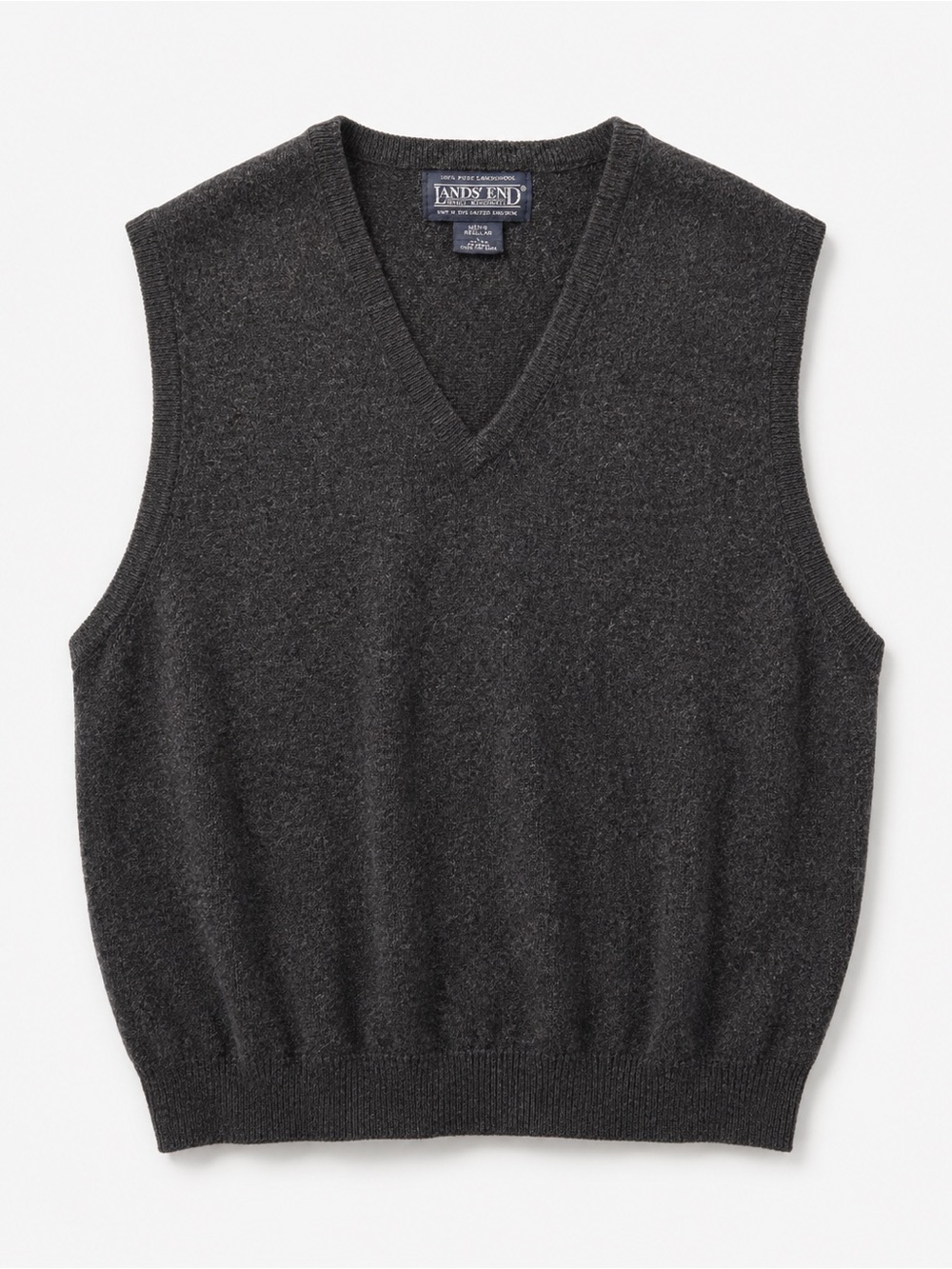 Vintage Lands End Dark Charcoal Gray Pure Lambswool Wool V-Neck Sweater Vest L